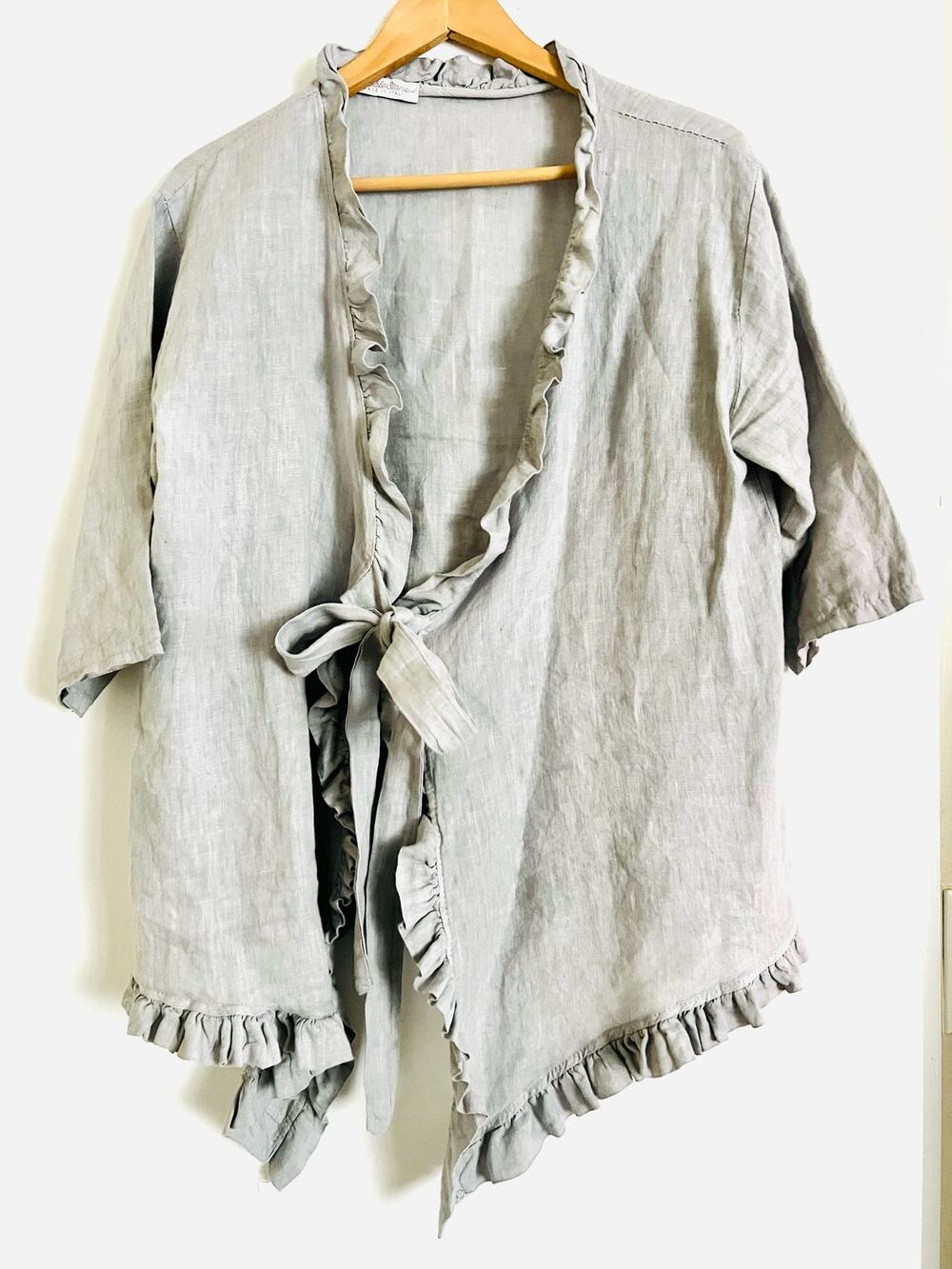 CobbleStone 100% Linen Women's‎ Jacket Gray Neutral Tie Front Ruffle Collar OS